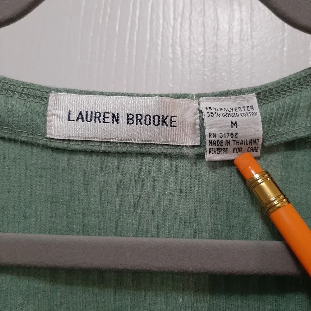 Lauren Brooke Cotton Blend Green Button Up Cardigan Front Pockets Grandma Medium